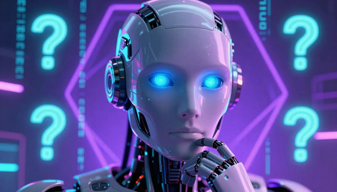 Close-up of a futuristic robot face with glowing blue eyes, ...