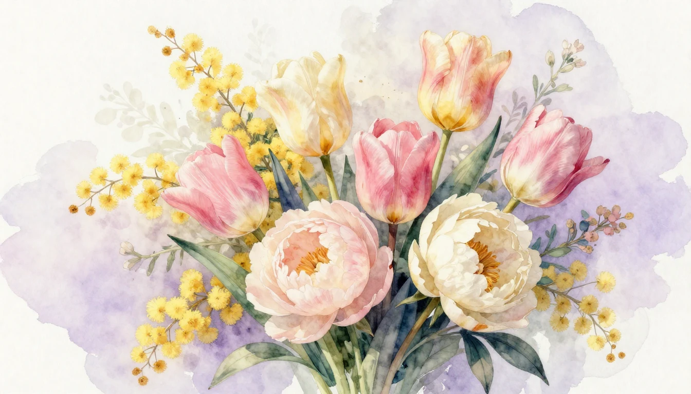 A delicate watercolor painting of a lush bouquet featuring t...