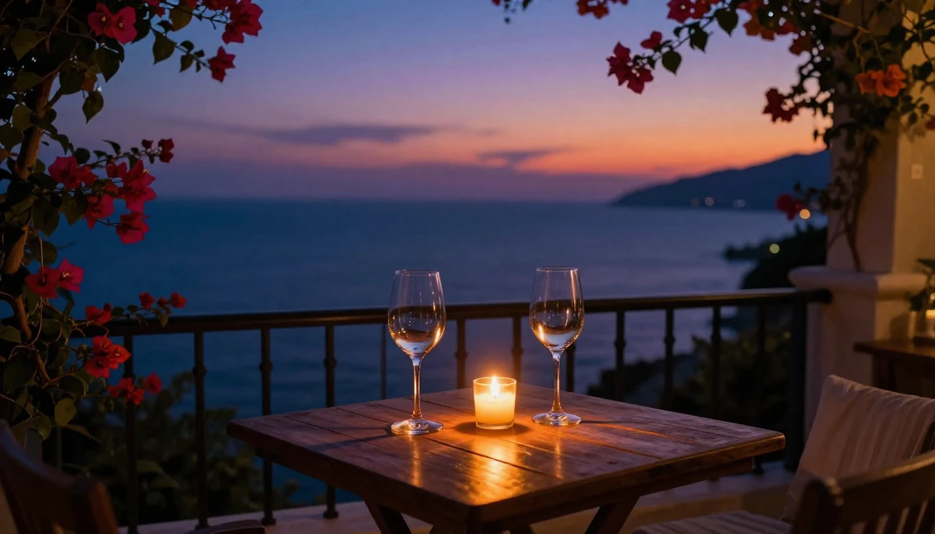 A cozy, dimly lit balcony overlooking a Mediterranean coastl...