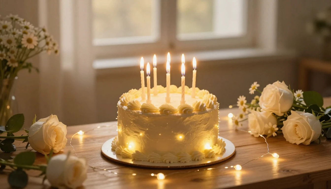 A heartwarming scene of a beautiful glowing birthday cake wi...