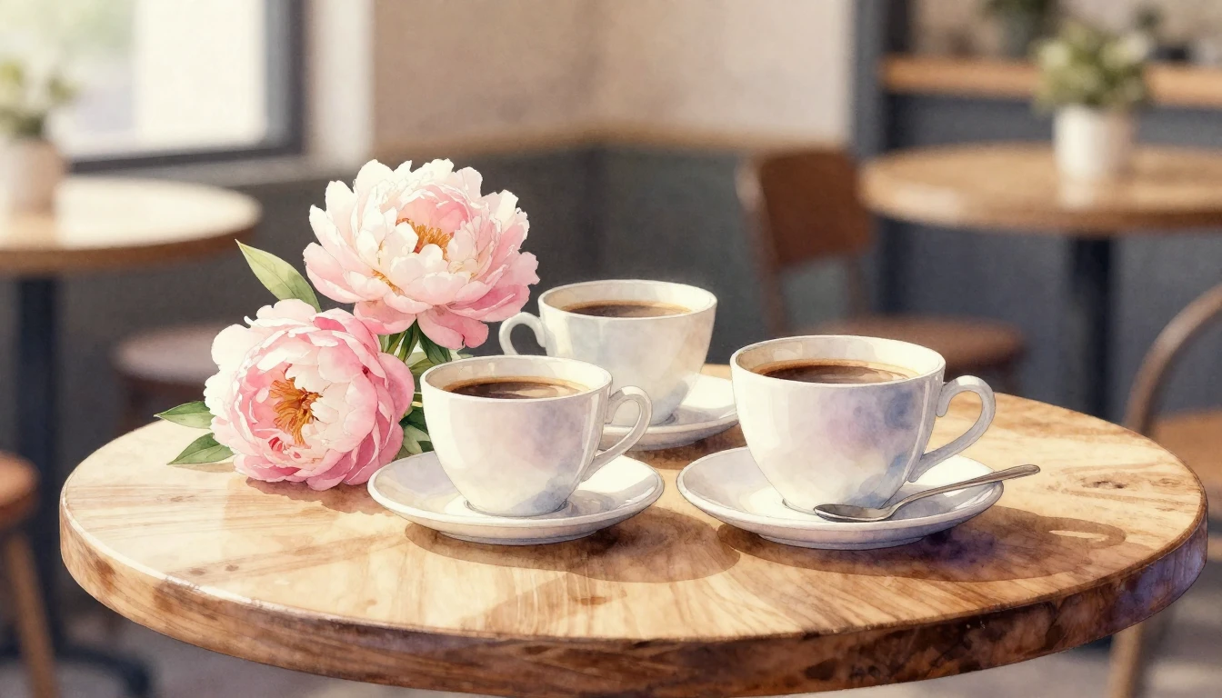 A beautiful watercolor painting of two delicate coffee cups ...