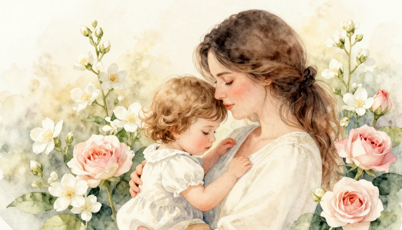 A heartwarming watercolor illustration depicting a mother te...