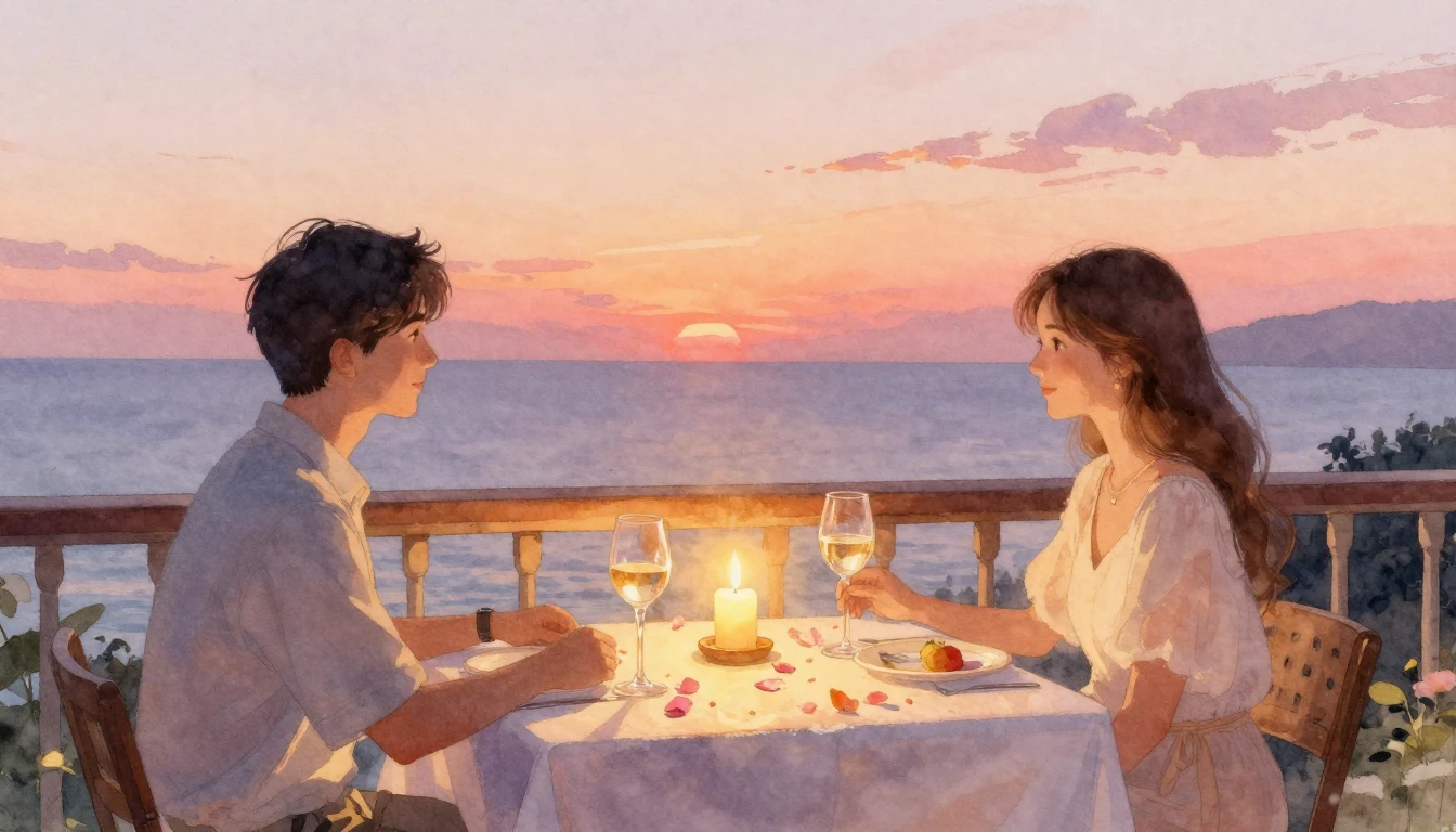 A beautiful, soft watercolor painting of a candlelit dinner ...