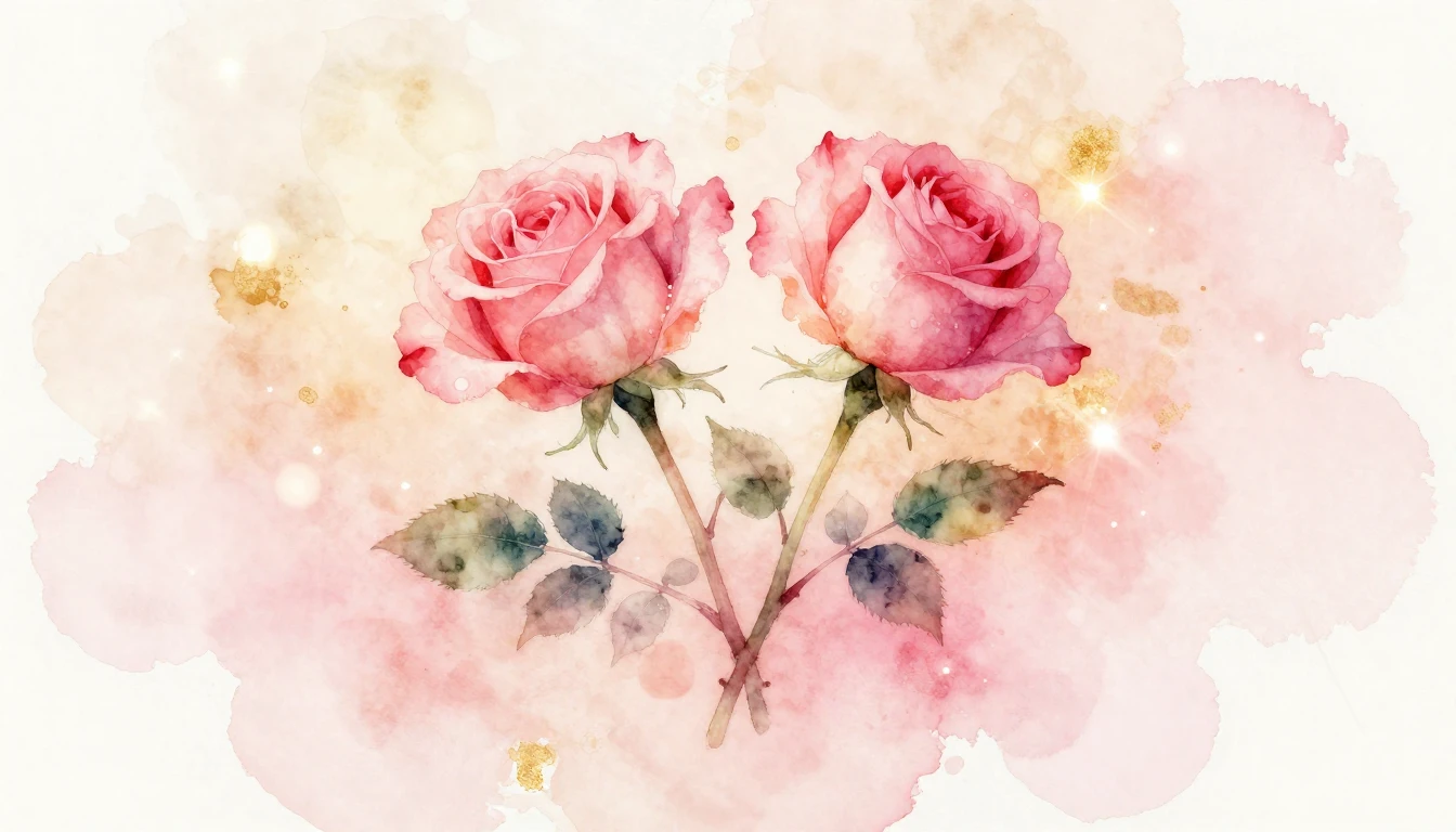 A delicate watercolor painting of two intertwined rose stems...