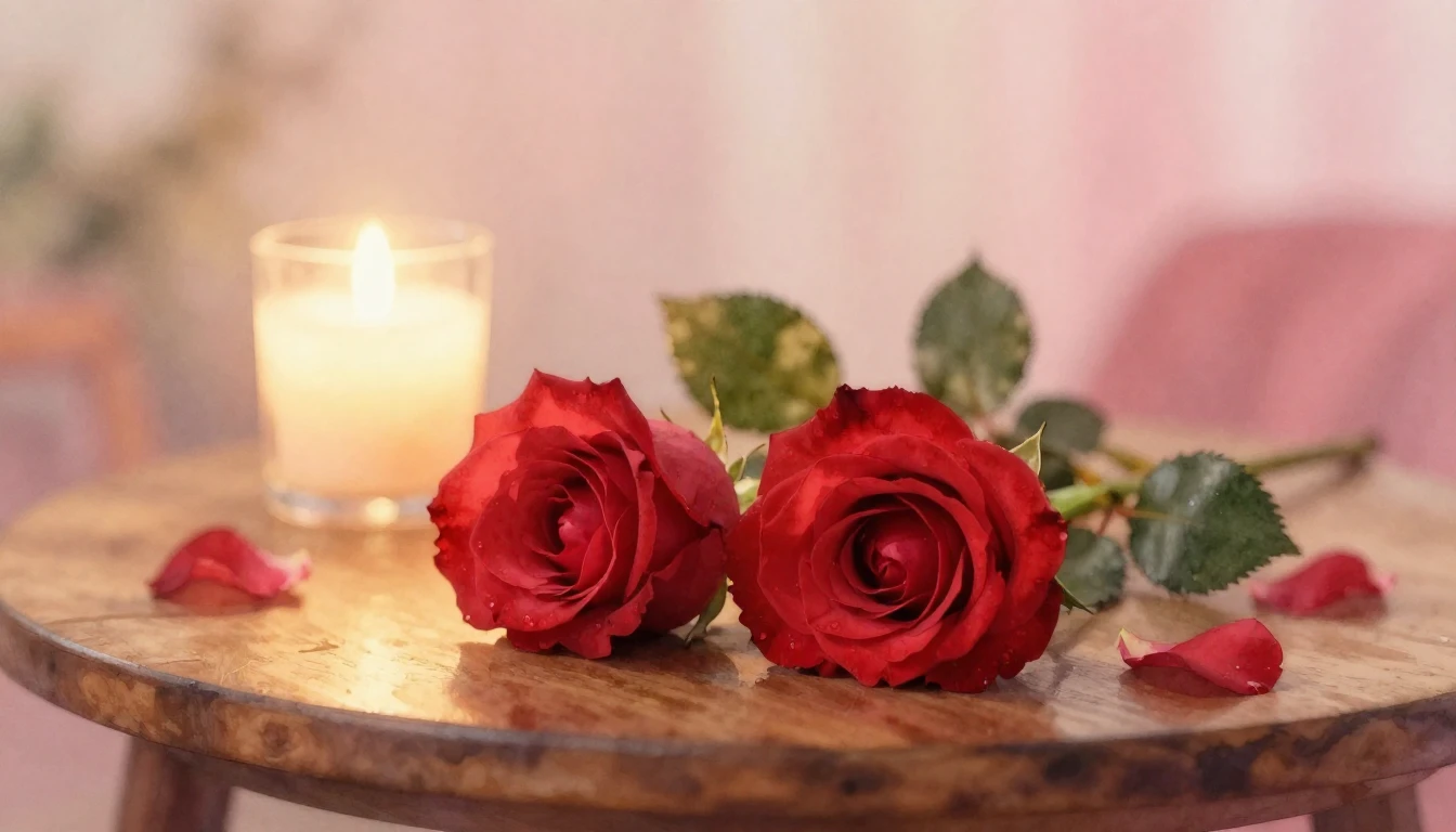 A soft and dreamy watercolor painting of two delicate red ro...