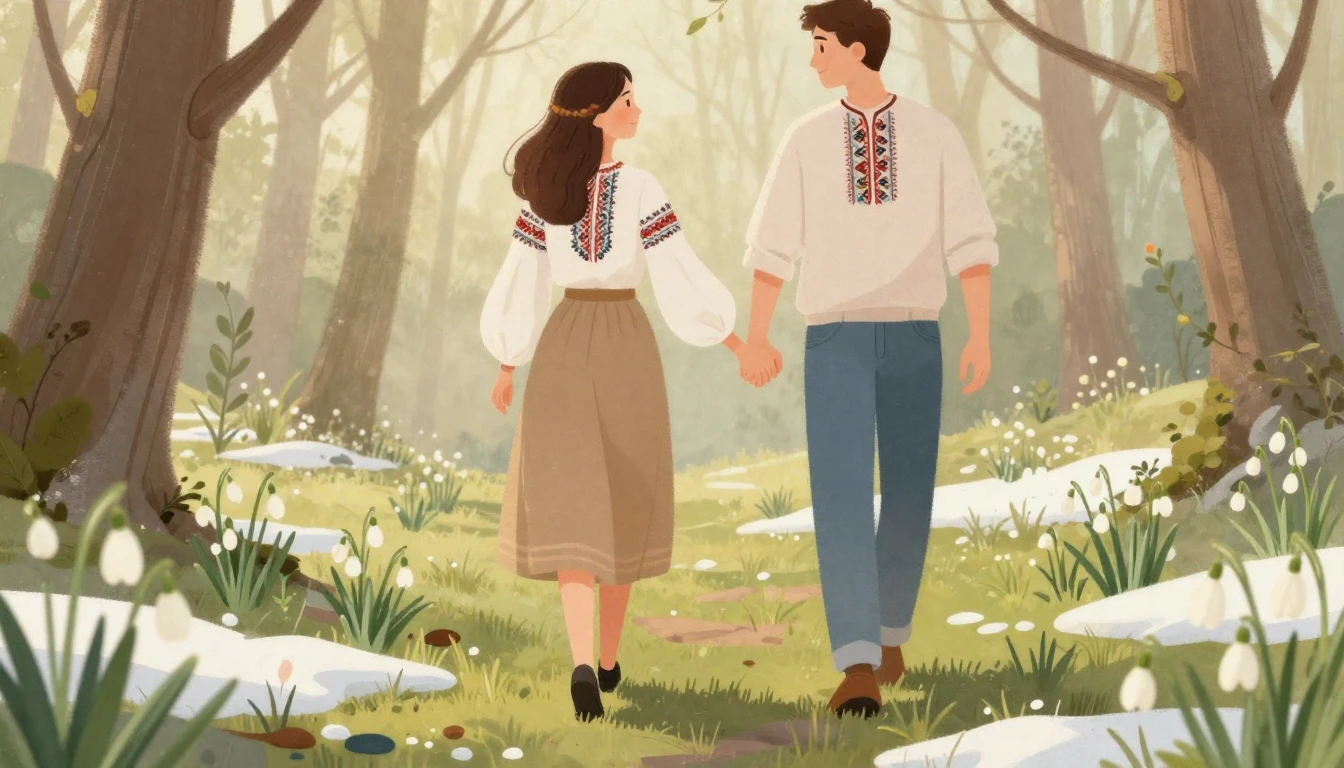 A romantic illustration of a young couple holding hands walk...