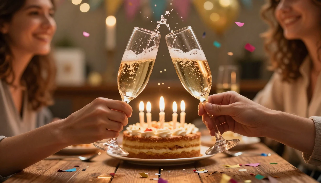 A vibrant and joyful scene celebrating a birthday. In the fo...