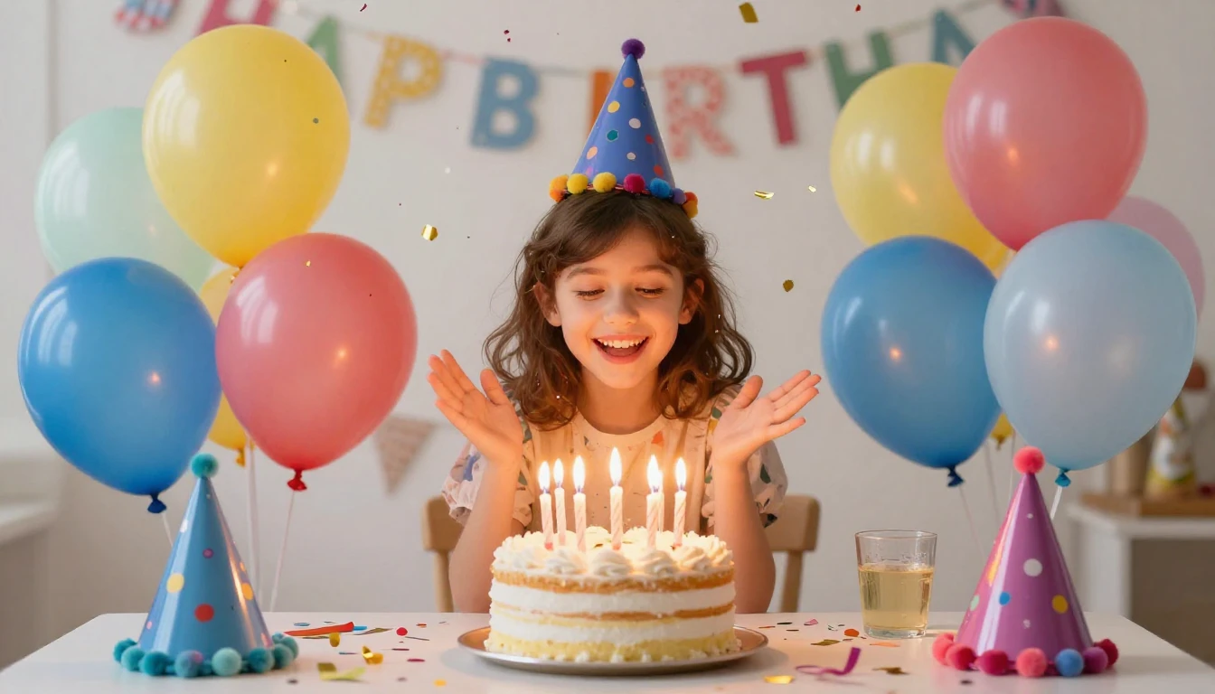 A joyful birthday celebration scene, bright colorful balloon...
