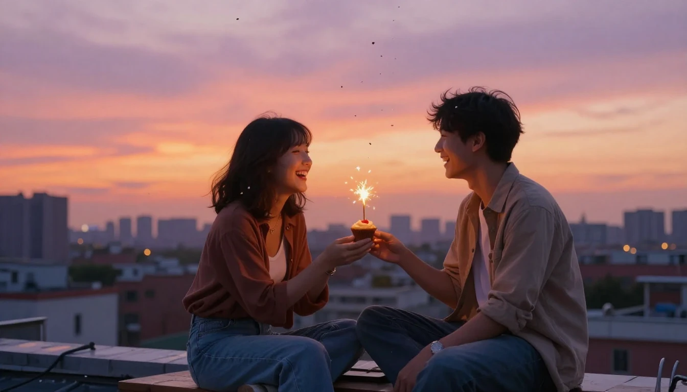 Two best friends sitting side by side on a rooftop at golden...