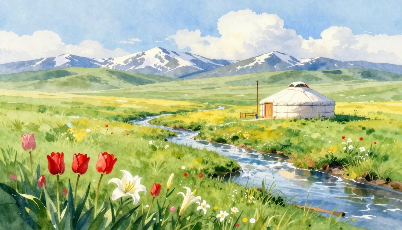 A breathtaking watercolor painting of the vast steppe during...