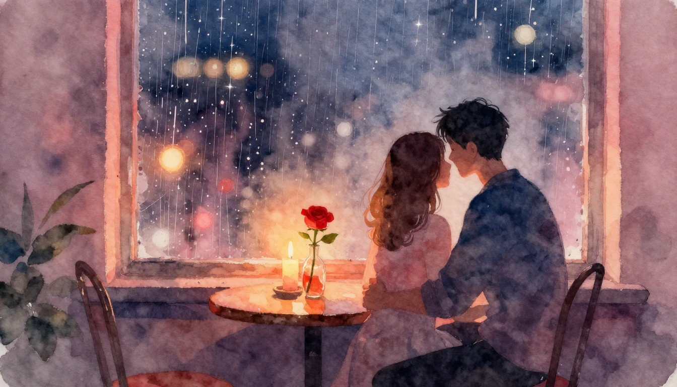 A romantic watercolor painting featuring a cozy evening scen...