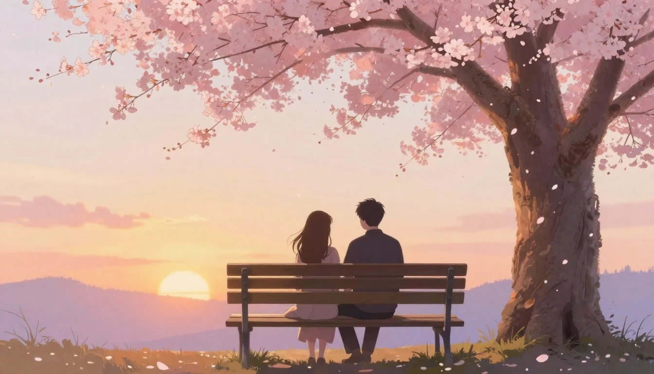 A romantic and dreamy scene depicting two silhouettes sittin...