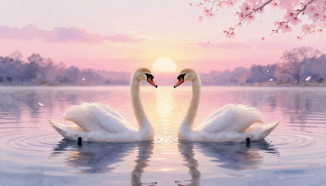 A dreamy watercolor painting of two elegant swans gliding on...