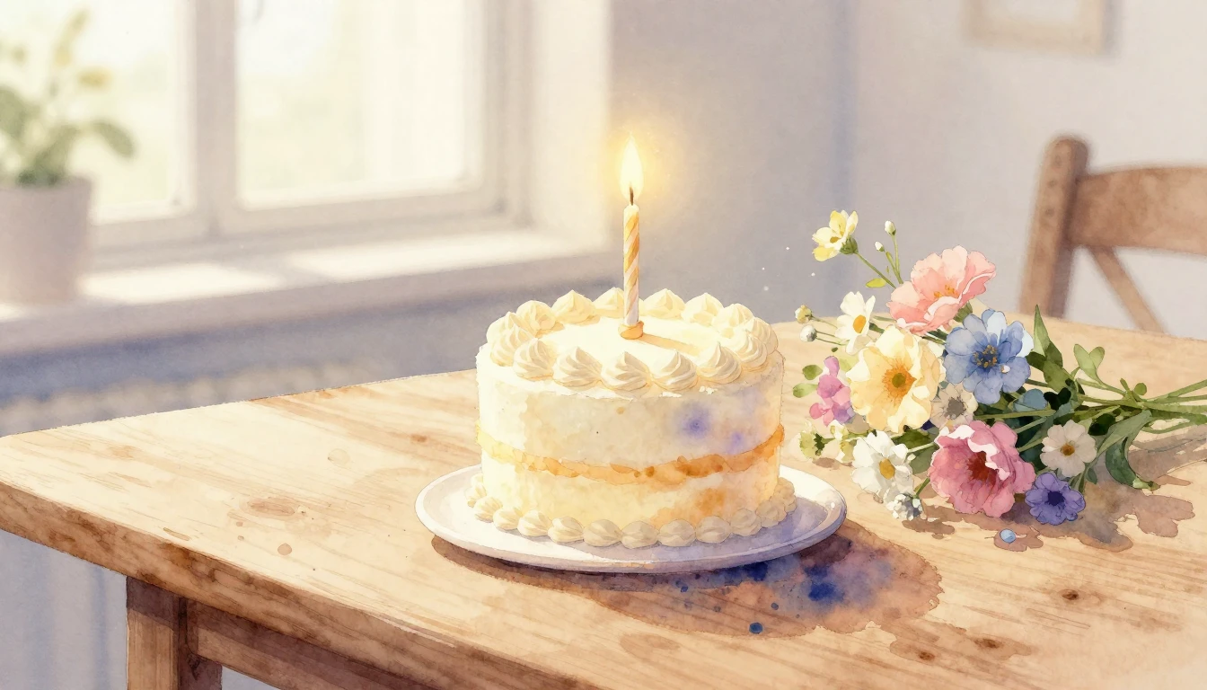 A soft watercolor painting of a small, elegant birthday cake...