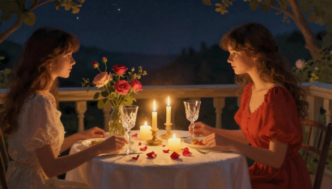 A dreamy and romantic scene of a candlelit dinner table set ...