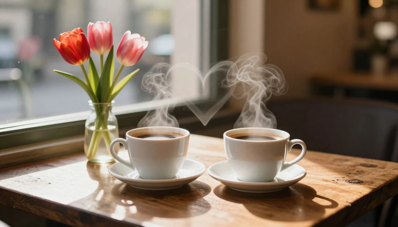 A cozy, intimate scene featuring two white ceramic coffee cu...