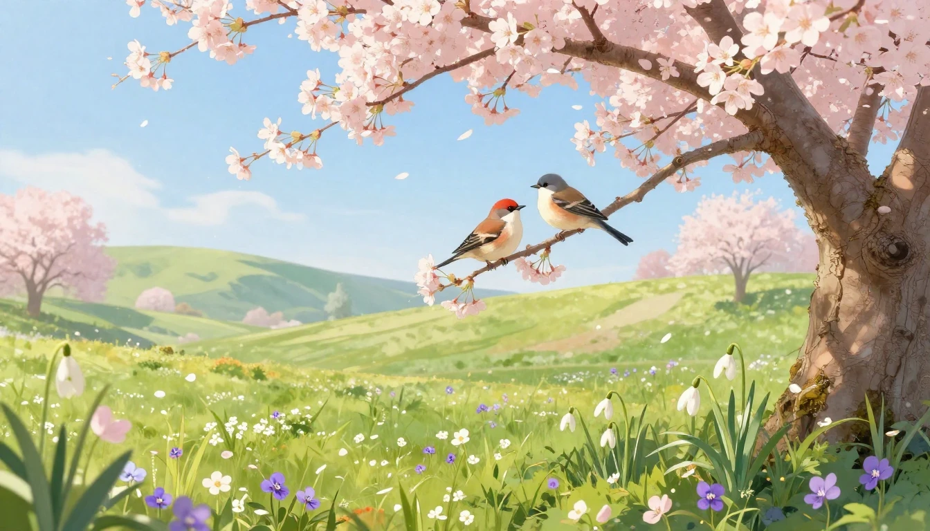 A beautiful spring landscape in the countryside. Two small b...