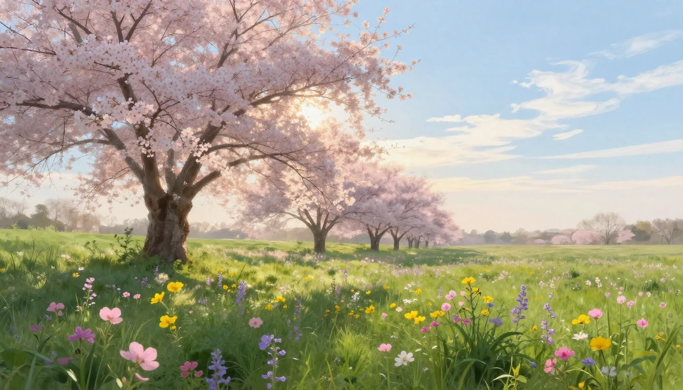 A breathtaking landscape of a lush green meadow at dawn. Del...