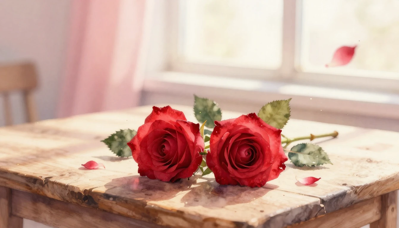 A beautiful watercolor painting of two delicate red roses in...