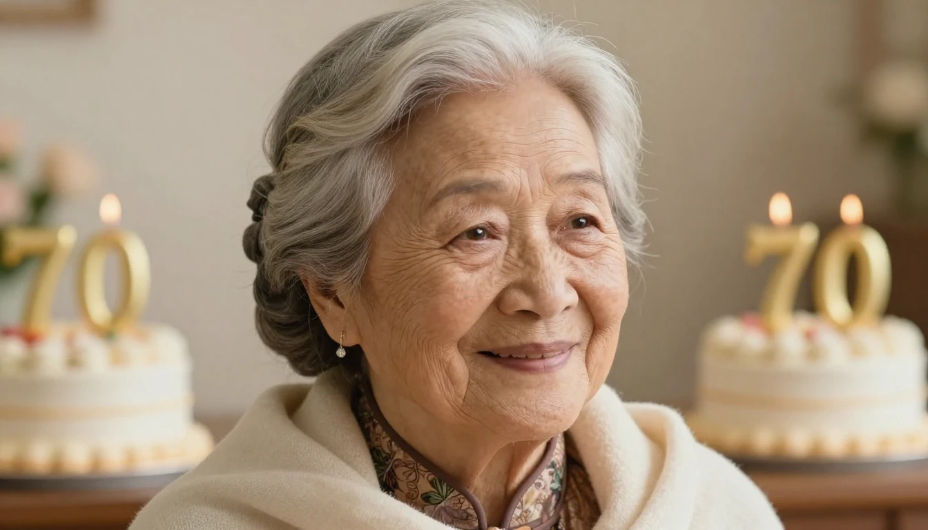 A heartwarming close-up portrait of a happy 70-year-old gran...