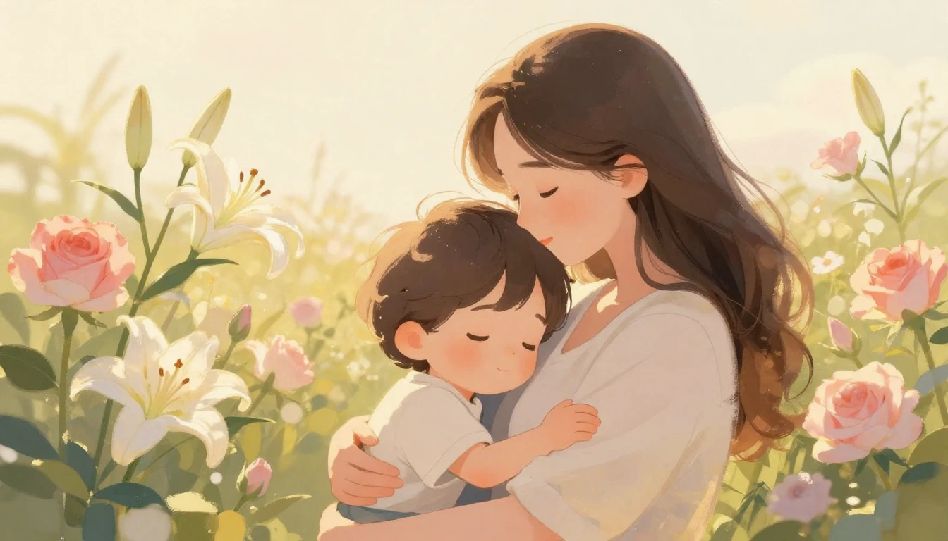 A tender and heartwarming illustration of a mother and her c...