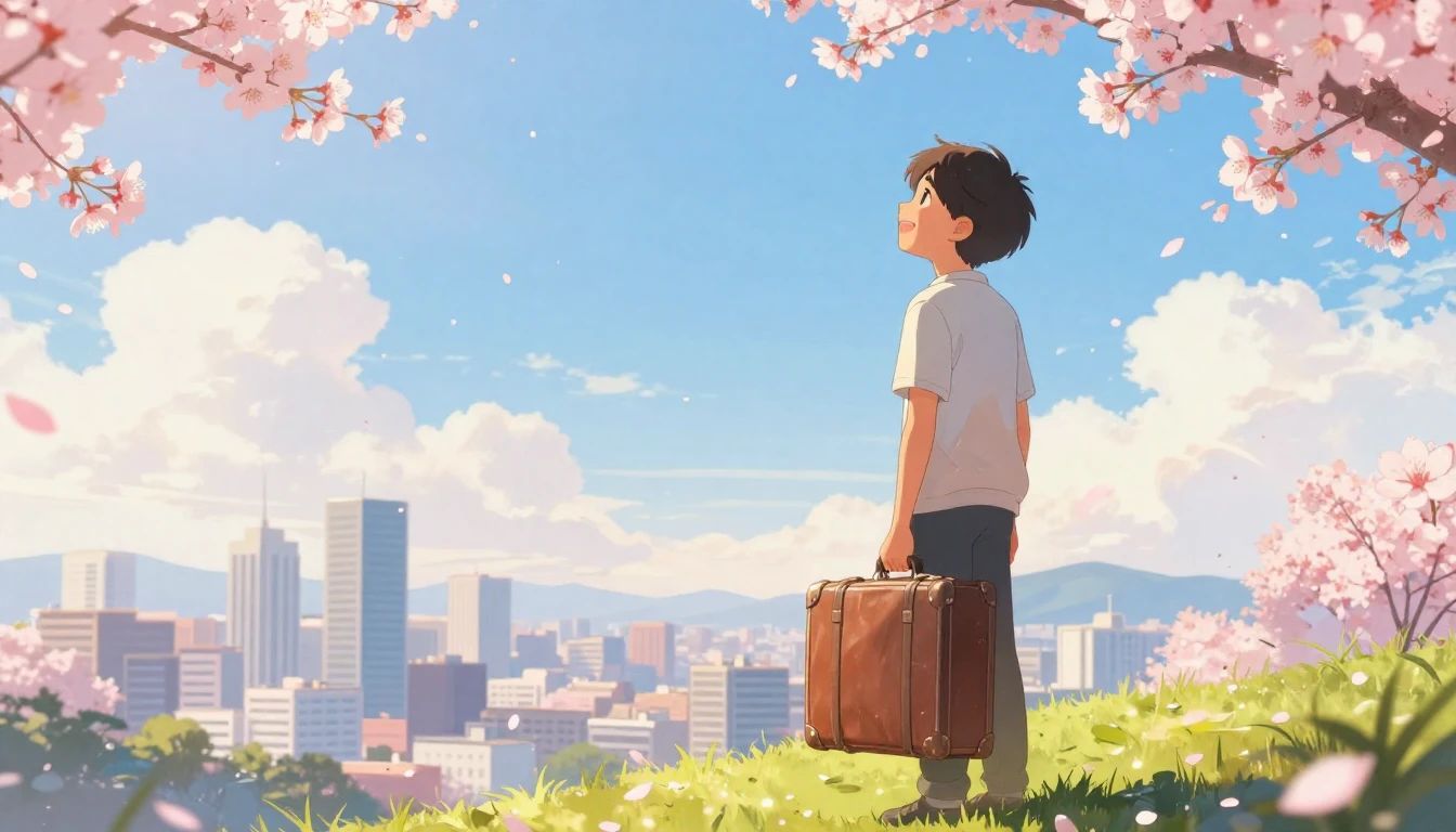 A beautiful illustration of a young person standing on a hil...