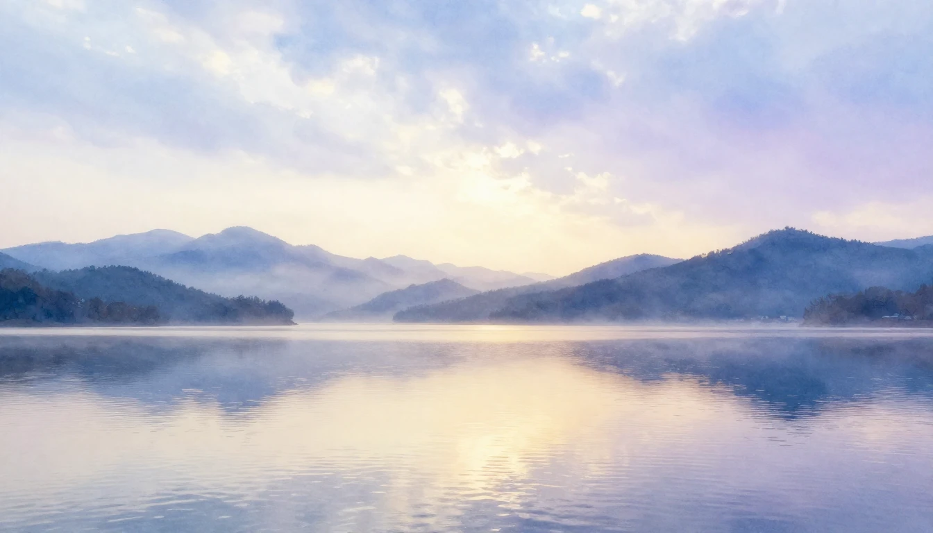 A serene landscape featuring a calm lake reflecting a soft s...