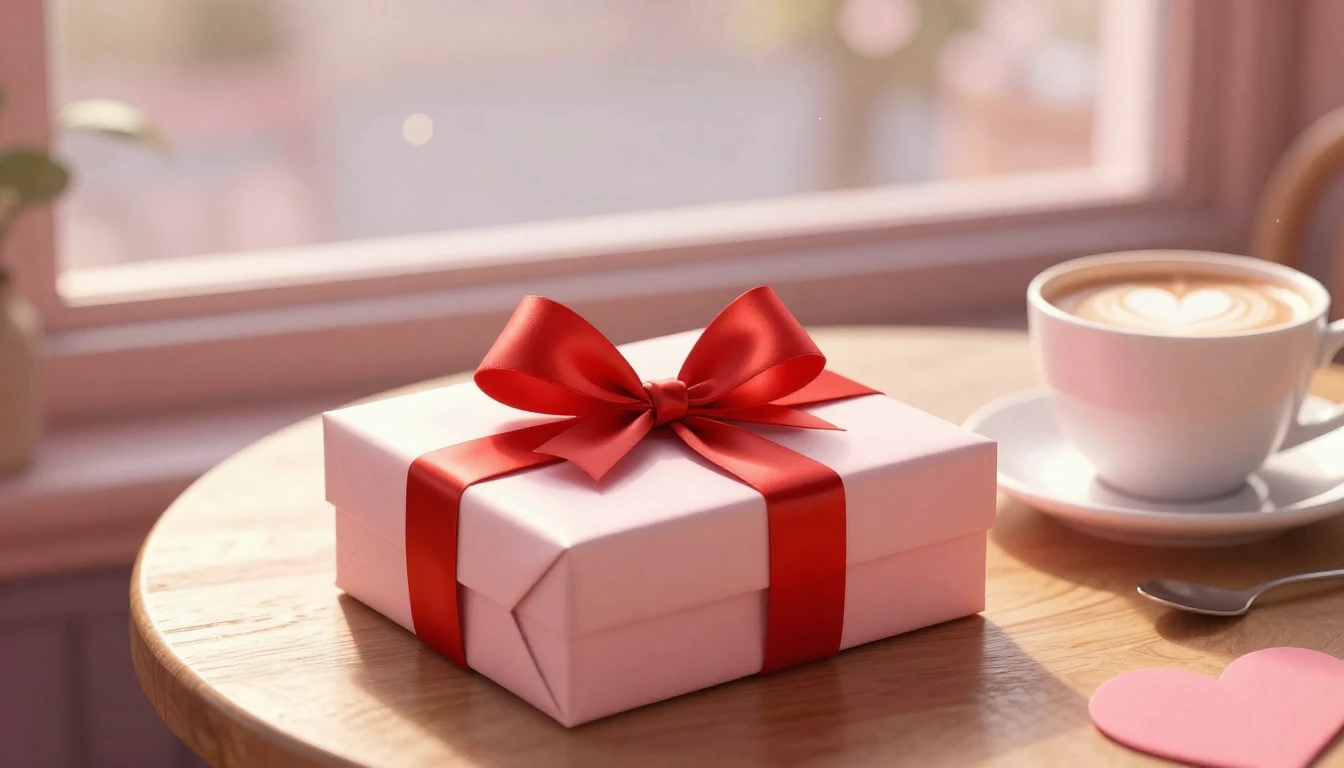 A heartwarming Valentine's Day scene in a cozy cafe setting....