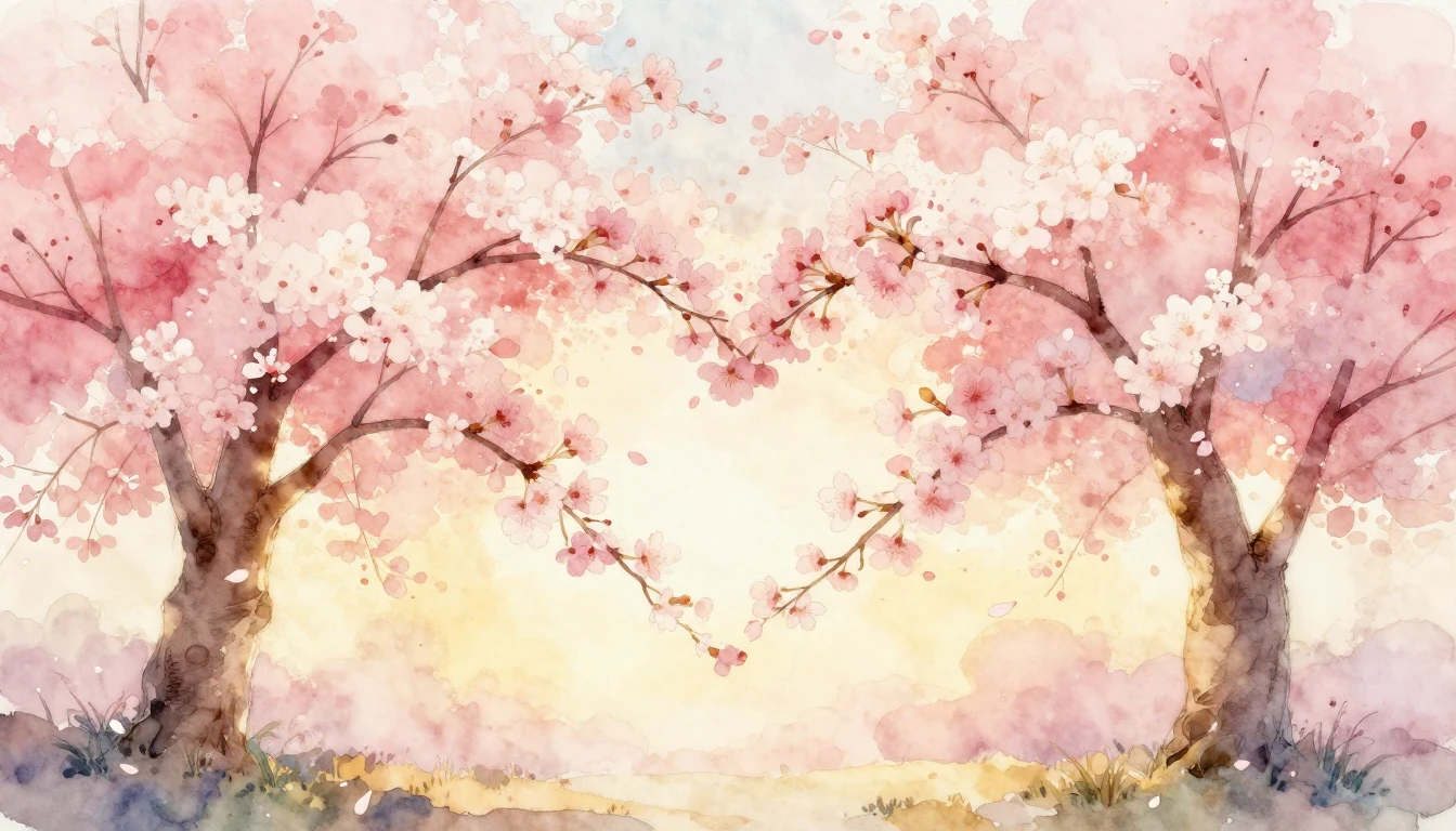 A soft watercolor painting of two delicate cherry blossom tr...