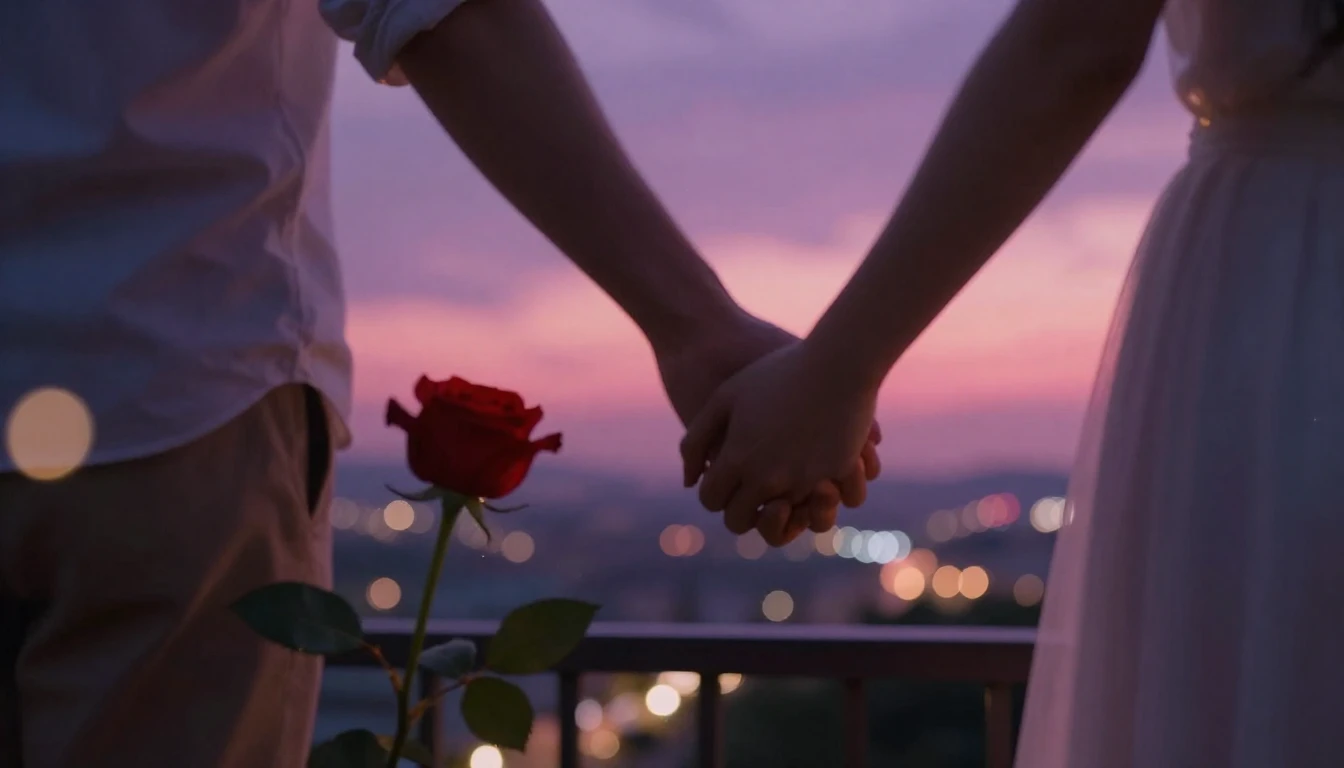 A romantic and dreamy scene featuring a couple holding hands...