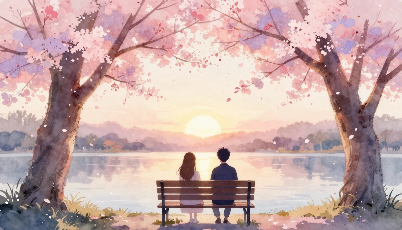 A delicate watercolor painting of two stylized silhouettes s...