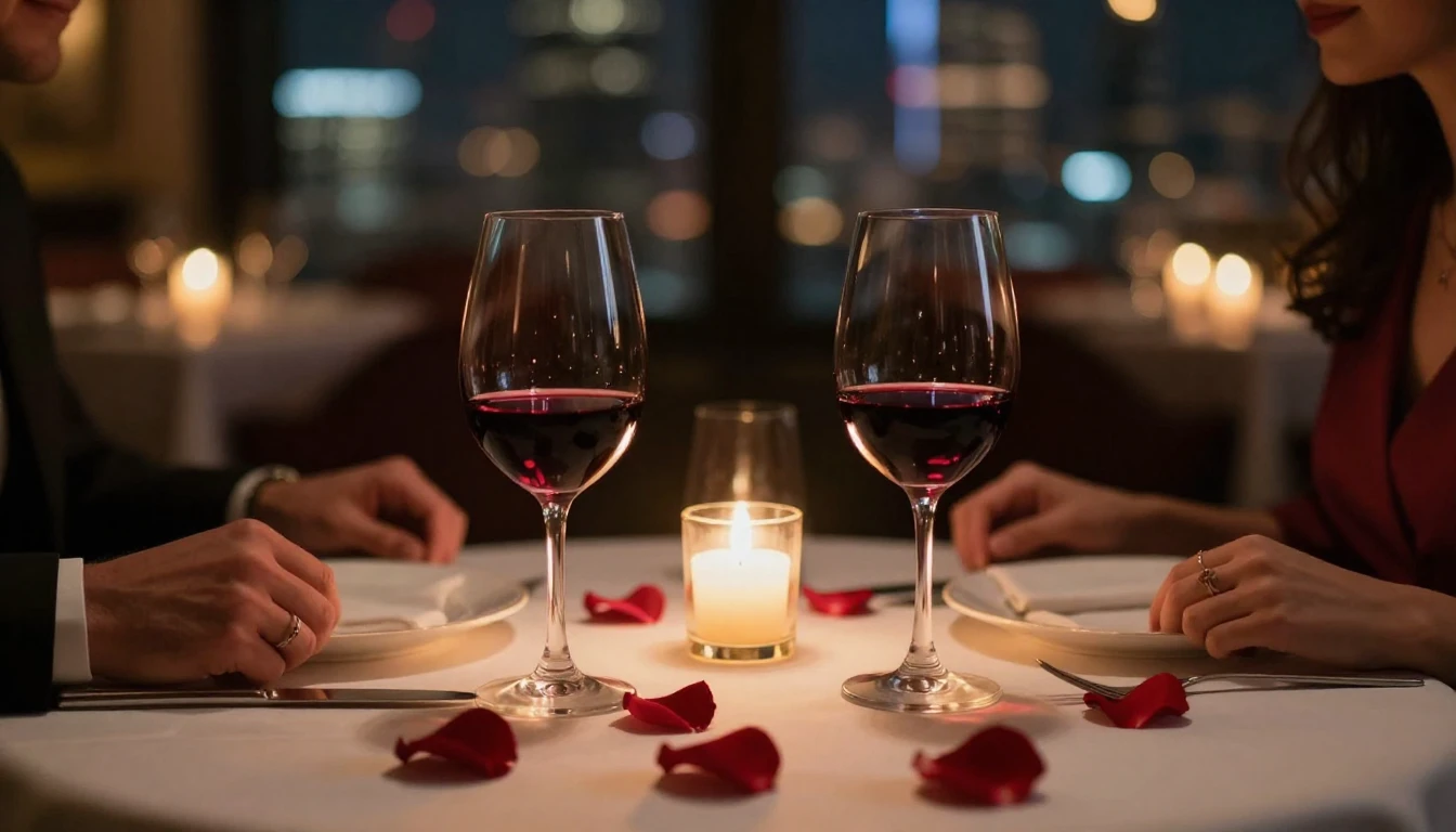 A close-up shot of a beautifully set dinner table for two in...