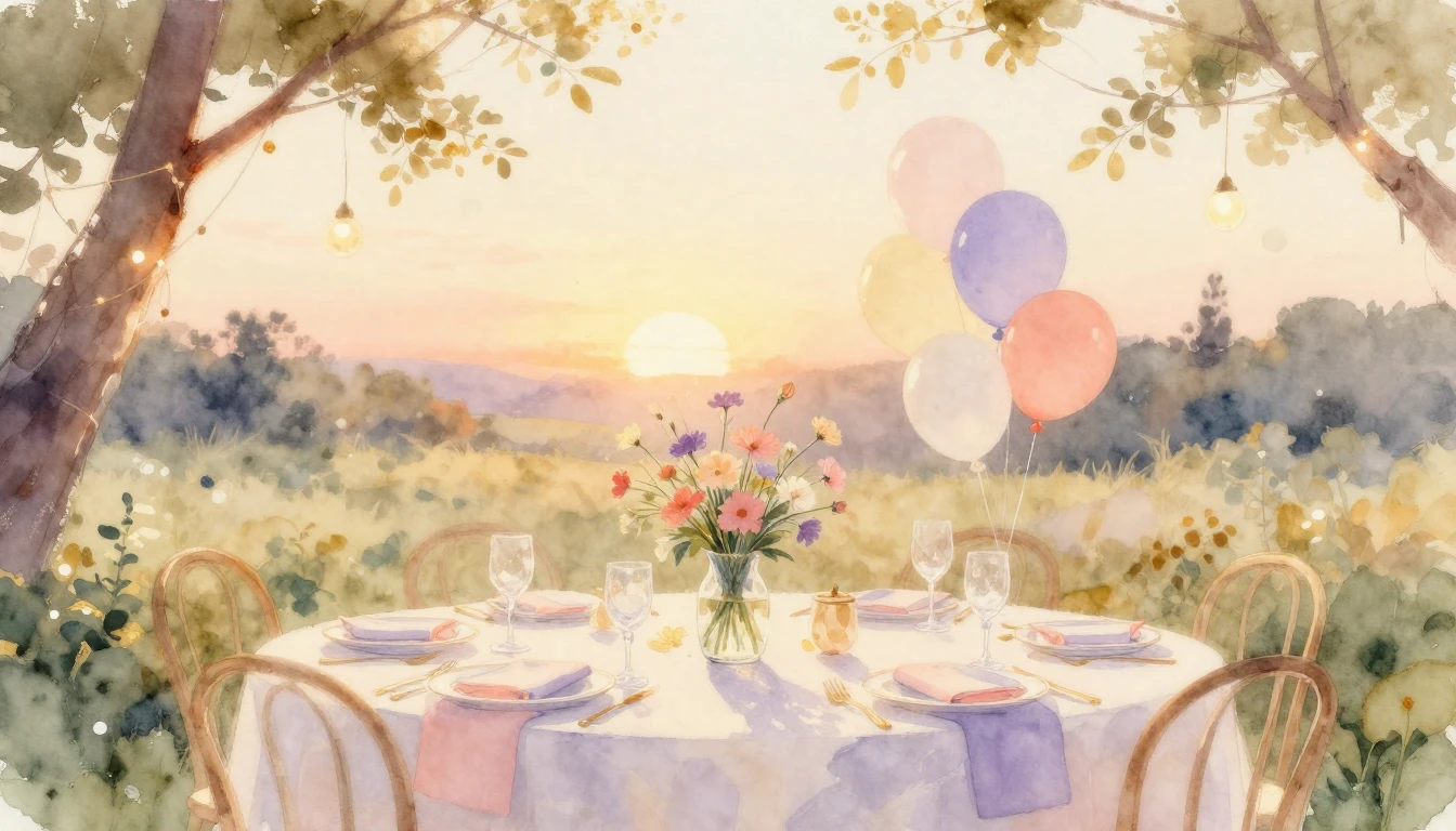 A beautiful watercolor painting of a festive table setting o...