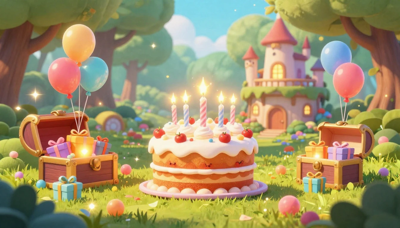 A vibrant and colorful 3D render of a magical birthday party...