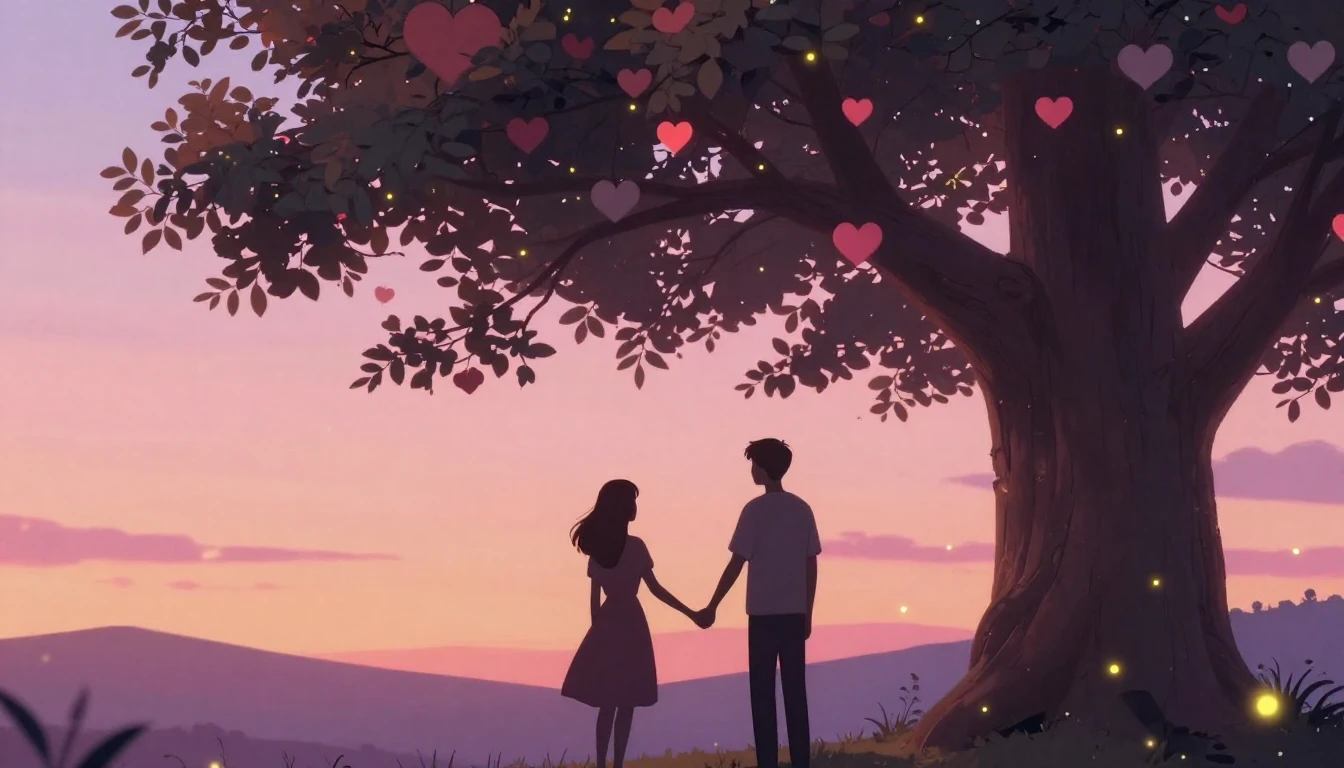 A romantic and dreamy scene featuring two silhouettes holdin...