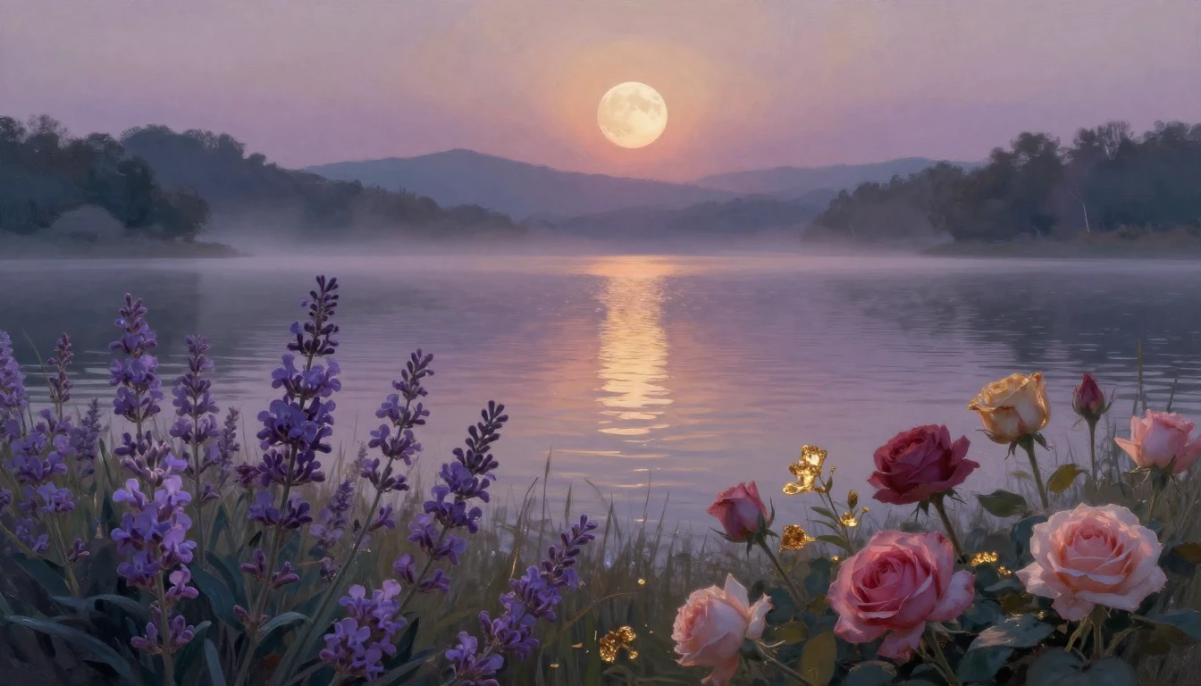 A serene evening landscape by a calm lake reflecting the sof...