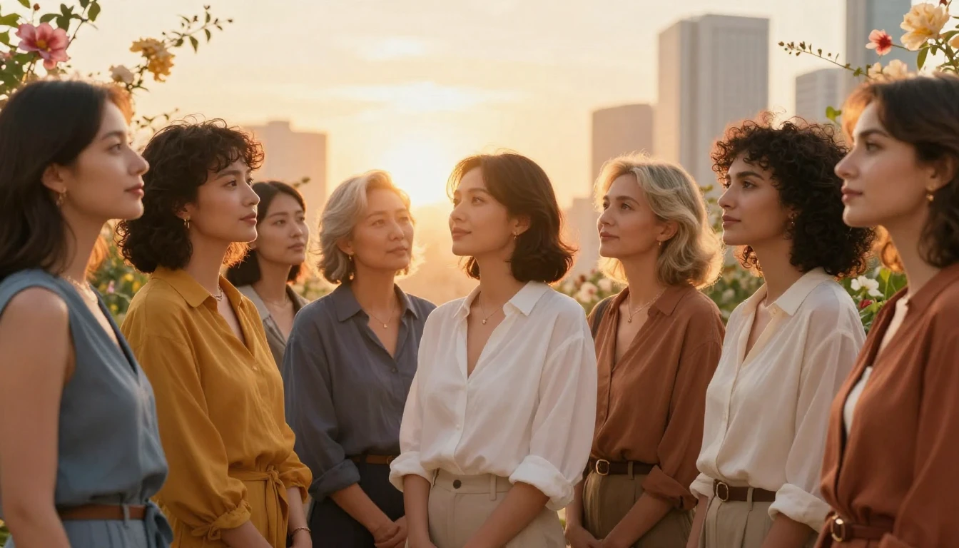 A diverse group of empowered women standing together, lookin...