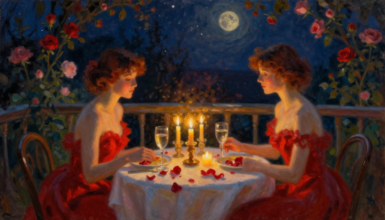 A beautiful impressionist oil painting of a candlelit dinner...