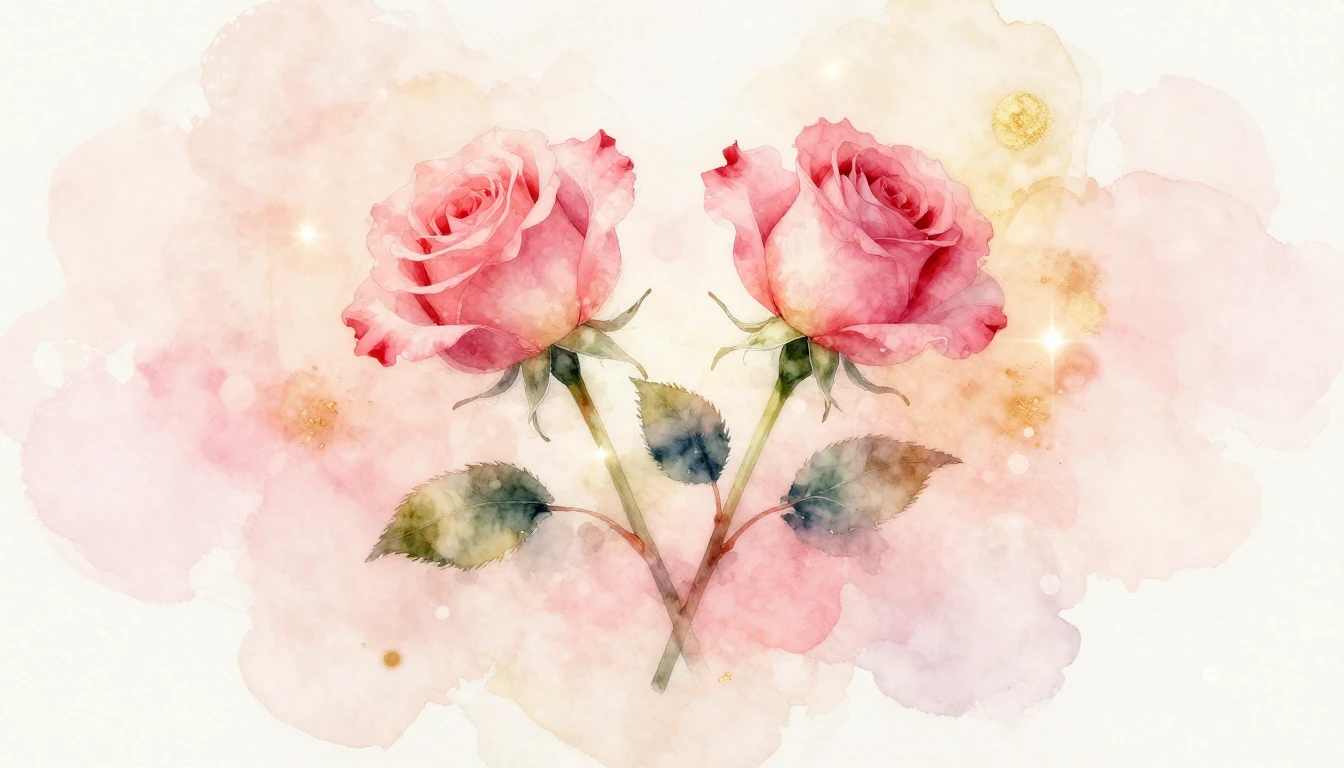 A delicate watercolor painting of two intertwined rose stems...