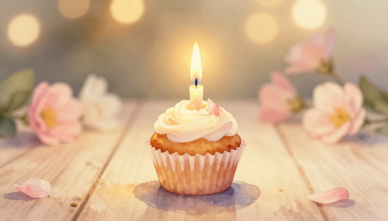 A soft watercolor painting of a single lit candle on a small...