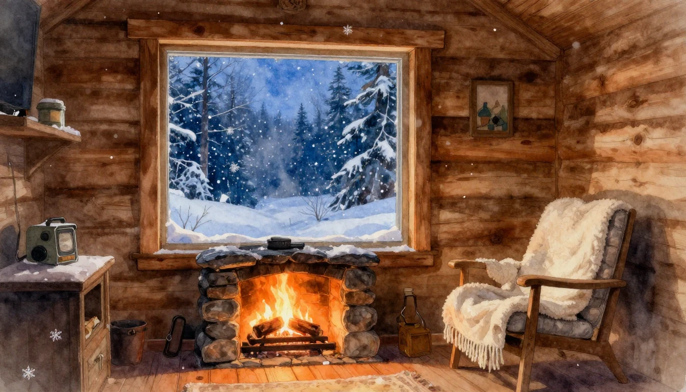 A cozy wooden cabin interior during a snowy winter evening. ...