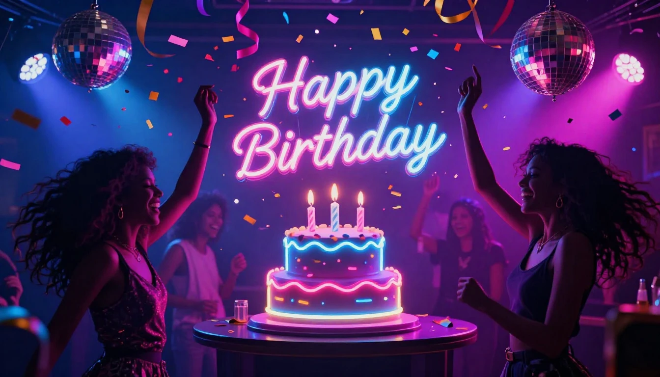 A vibrant and energetic party scene celebrating a birthday, ...