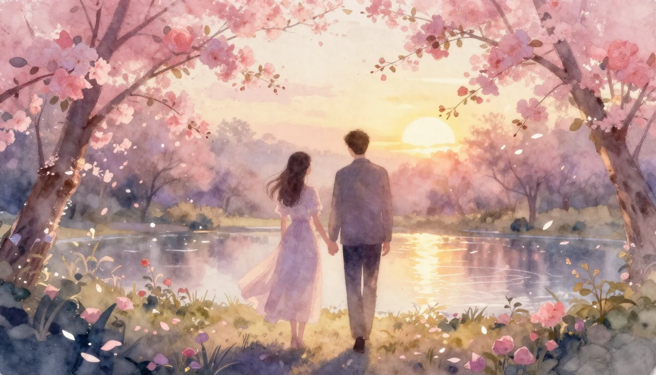 A soft and ethereal watercolor painting depicting two silhou...