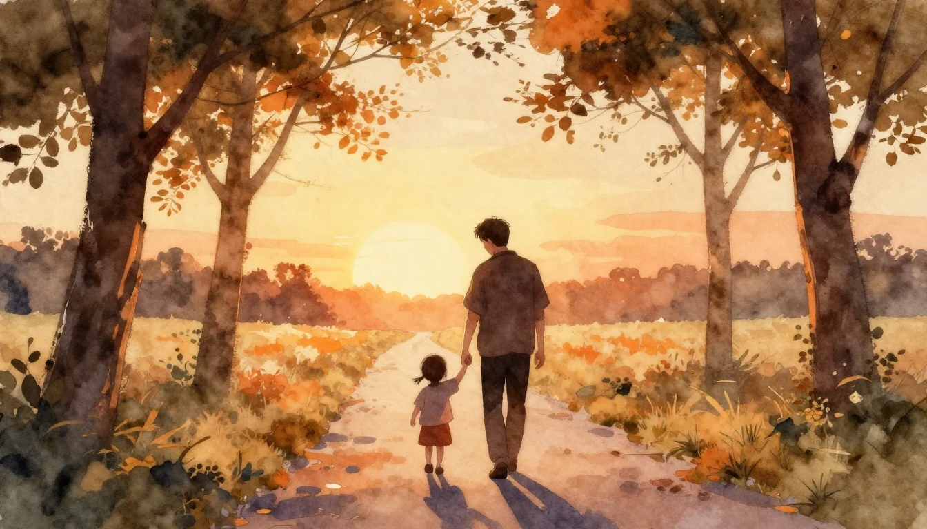 A heartwarming watercolor painting depicting a silhouette of...