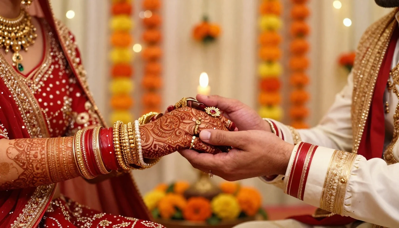 A close-up illustration of a traditional South Asian wedding...
