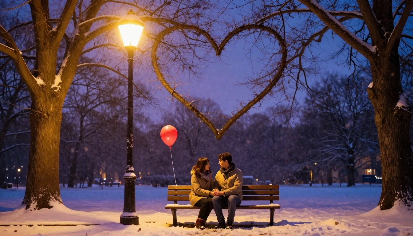 A soft and romantic scene of a couple sitting on a wooden be...