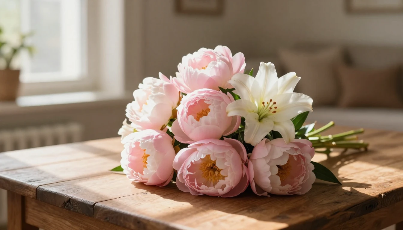 A beautiful bouquet of soft pink peonies and white lilies re...