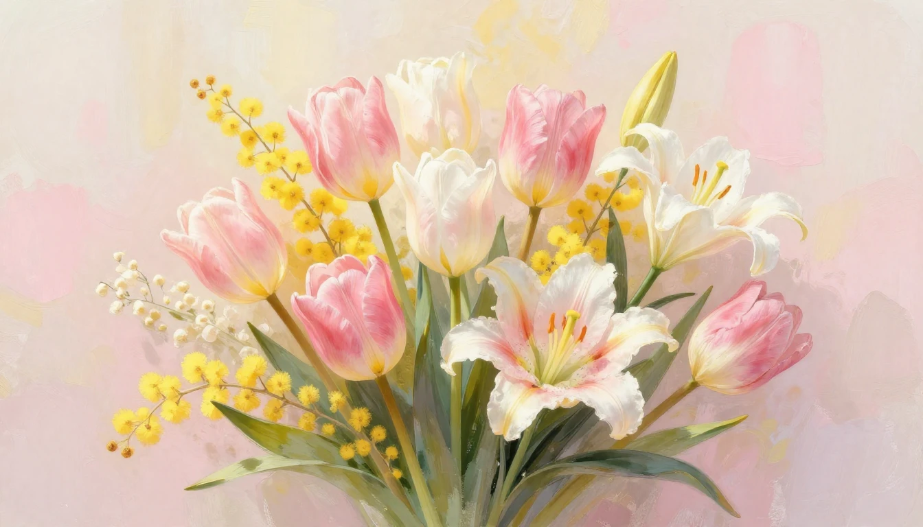 A beautiful arrangement of spring flowers like tulips, mimos...