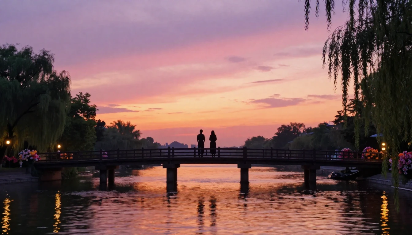A breathtaking scene of two silhouettes standing on a bridge...