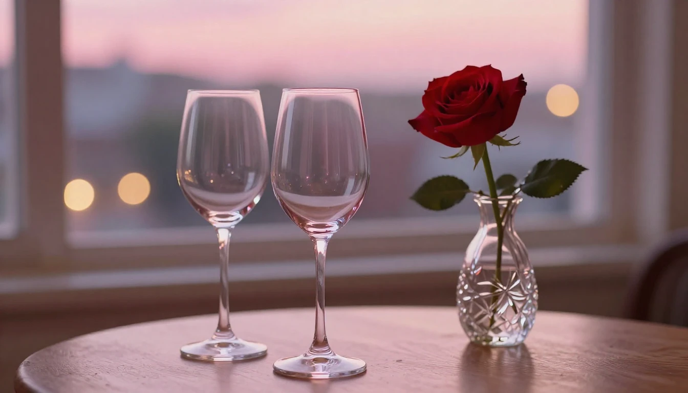 A delicate scene featuring two elegant wine glasses sitting ...